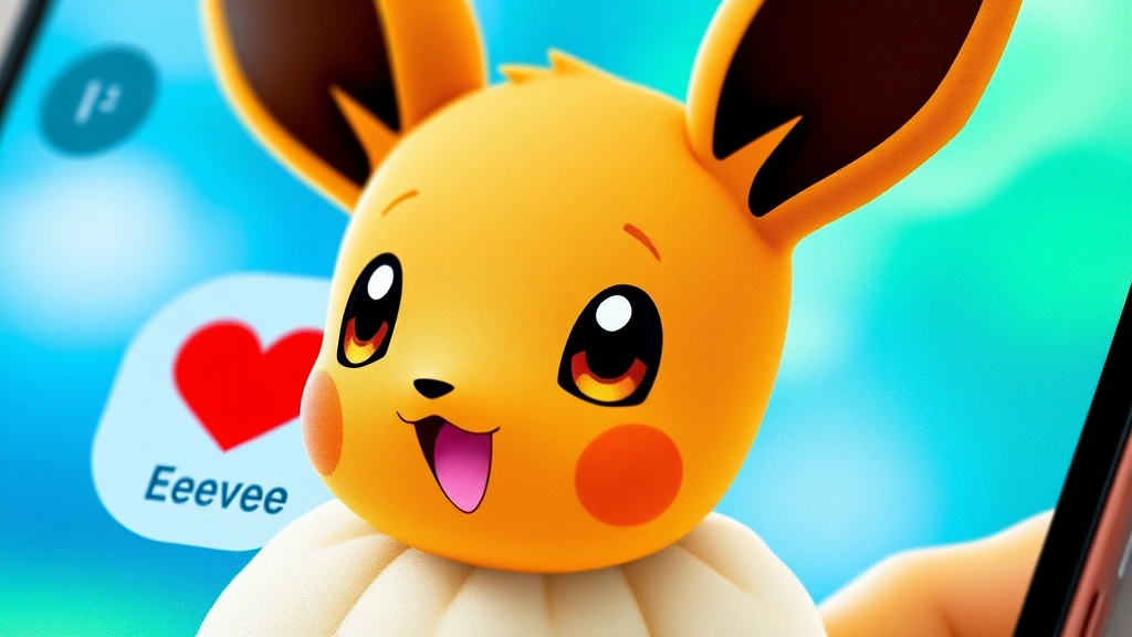 Close-up of Eevee character model in Pokémon GO app interface, showing buddy screen with heart counter and affection indicators, realistic mobile game graphics