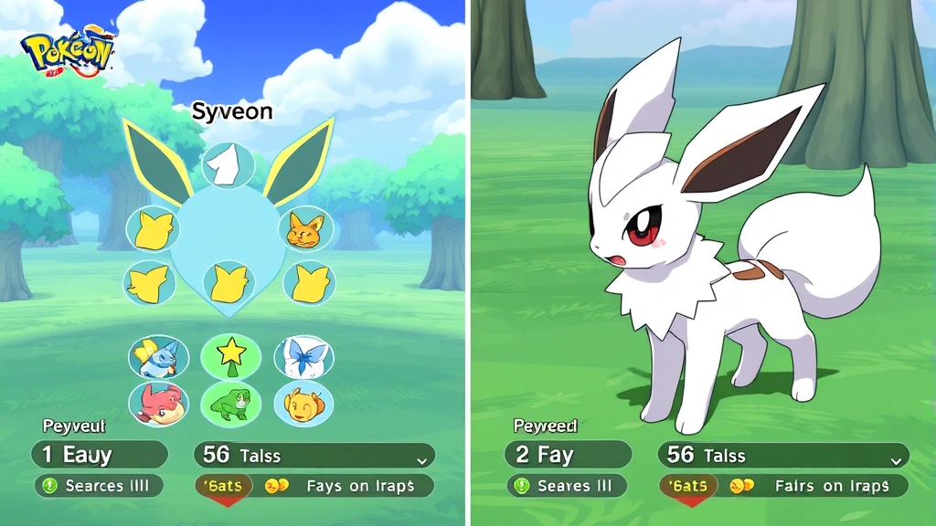 Split-screen comparison showing Eevee evolution menu with Sylveon highlighted, displaying Fairy-type move icons and stats, authentic game UI elements