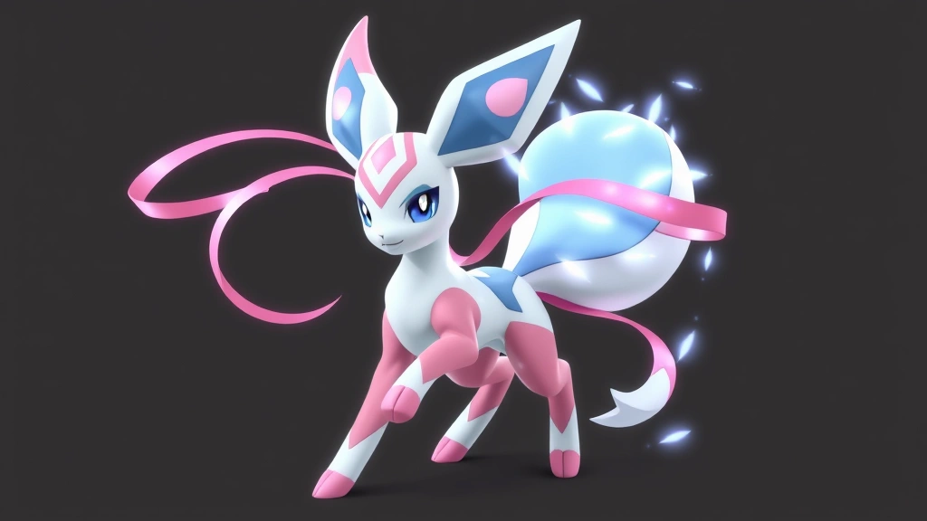Sylveon Pokémon character model in battle stance with ribbons flowing, showing move animation effects for Moonblast and Charm, high-quality game rendering