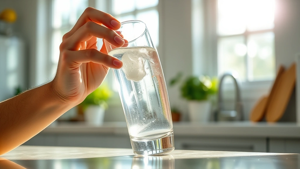 Person drinking fresh water from a glass in bright kitchen lighting, close-up of hands and refreshing beverage, natural daylight streaming through windows