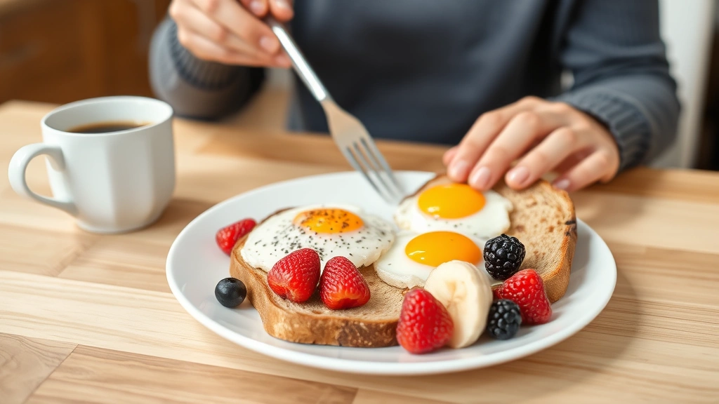 Someone eating healthy breakfast with eggs, whole grain toast, fresh berries and bananas on white plate, warm home kitchen setting with coffee cup nearby
