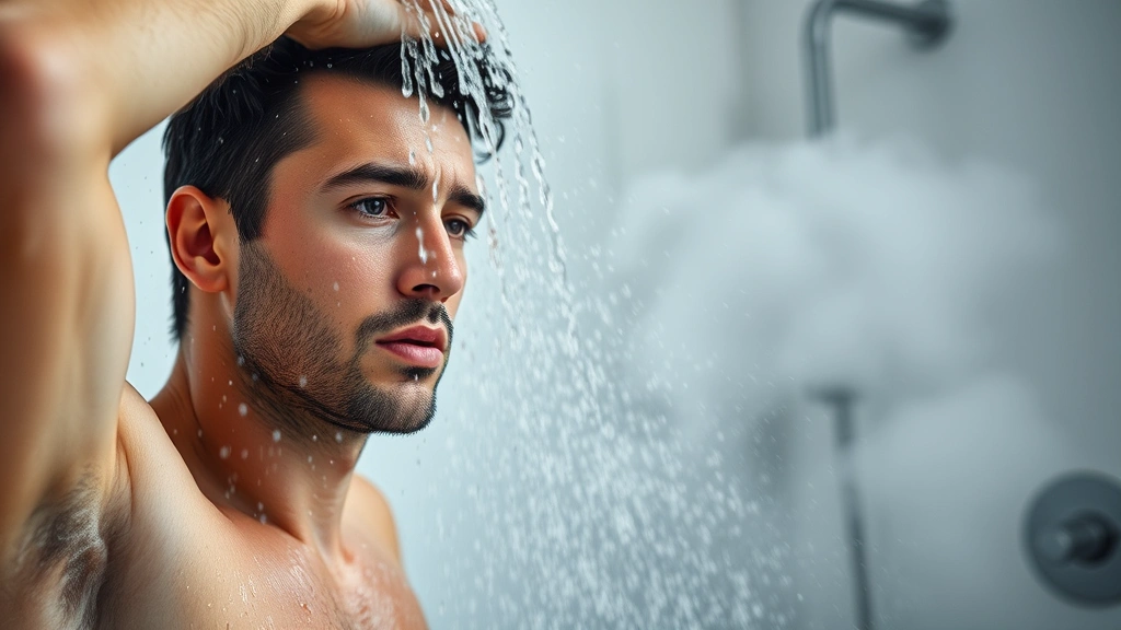 Person taking a cold shower with water splashing, focused determined expression, bathroom with modern fixtures and steam visible in air