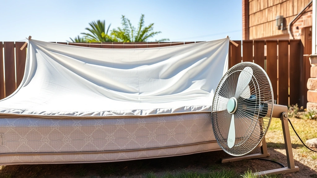 Mattress drying outdoors in bright sunlight with box fan positioned beside it, showing air circulation setup for complete moisture removal, clear sunny day