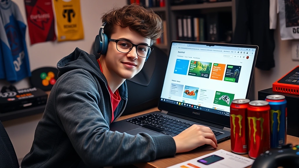 Young adult at a desk with a laptop open showing the Microsoft Rewards dashboard interface, surrounded by gaming merchandise and energy drink cans