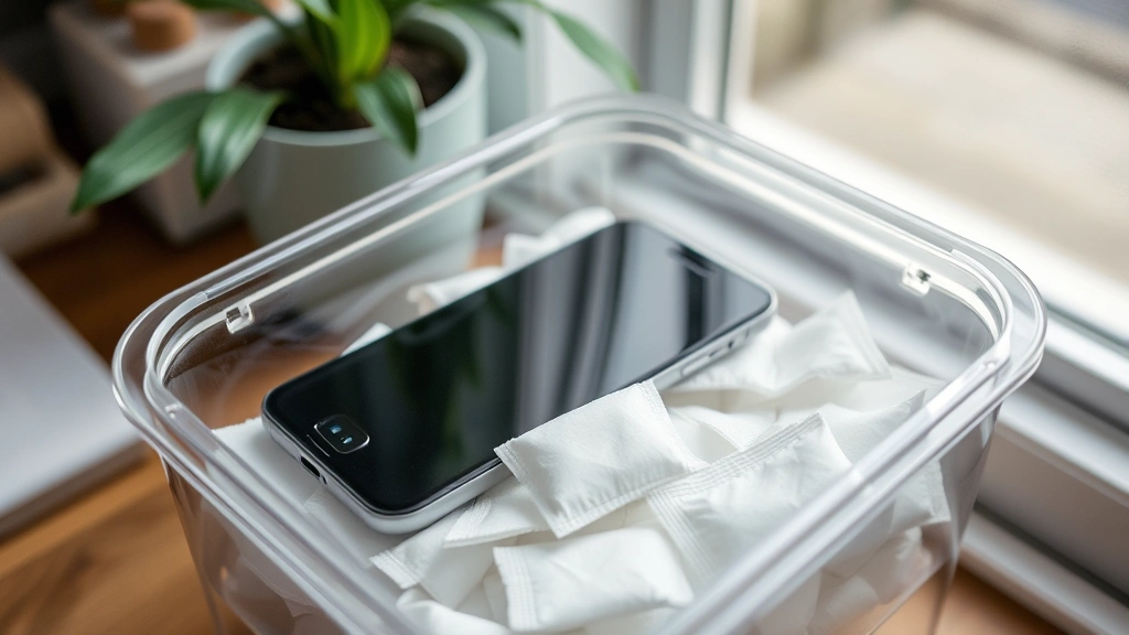 Smartphone partially buried in white silica gel desiccant packets inside a clear sealed container, natural daylight from window, organized home setting