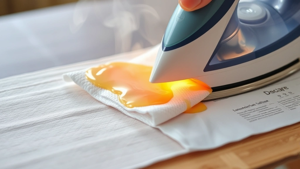 Close-up of iron pressing paper towel onto fabric with melted wax transferring to white cloth, wooden ironing board surface visible, warm steam rising