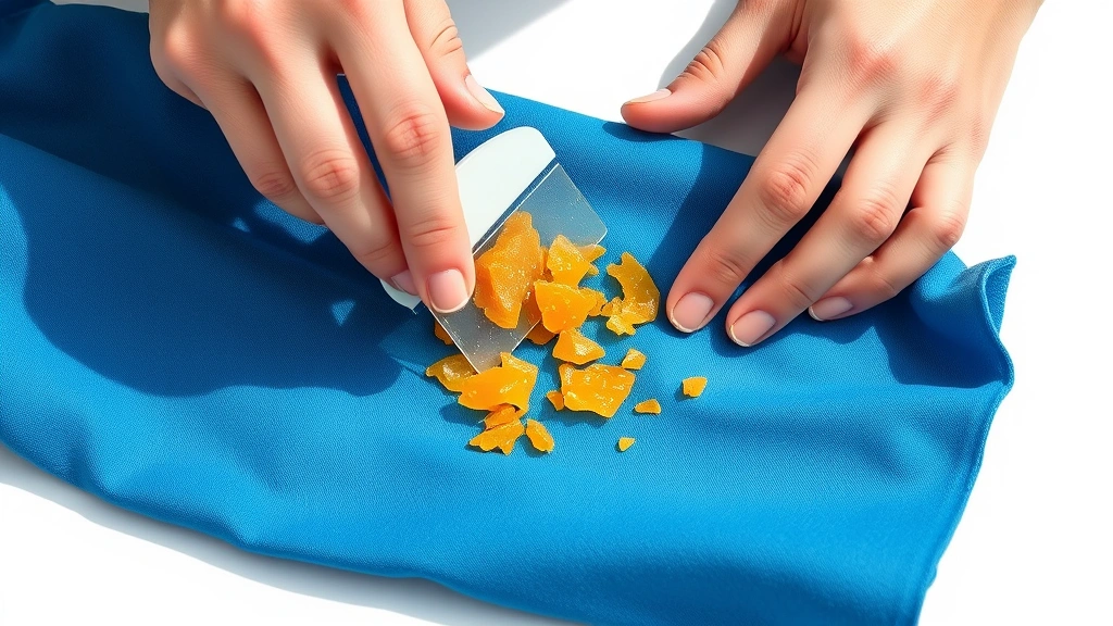 Hands using plastic scraper to gently remove hardened brittle wax from blue cotton fabric, white background, natural lighting showing wax pieces