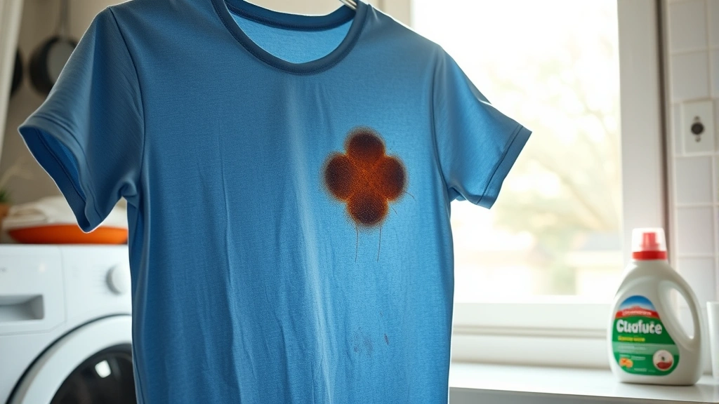 Laundry room scene with garment being held up to bright window light showing residual stain after wax removal, stain-fighting detergent bottle nearby on counter