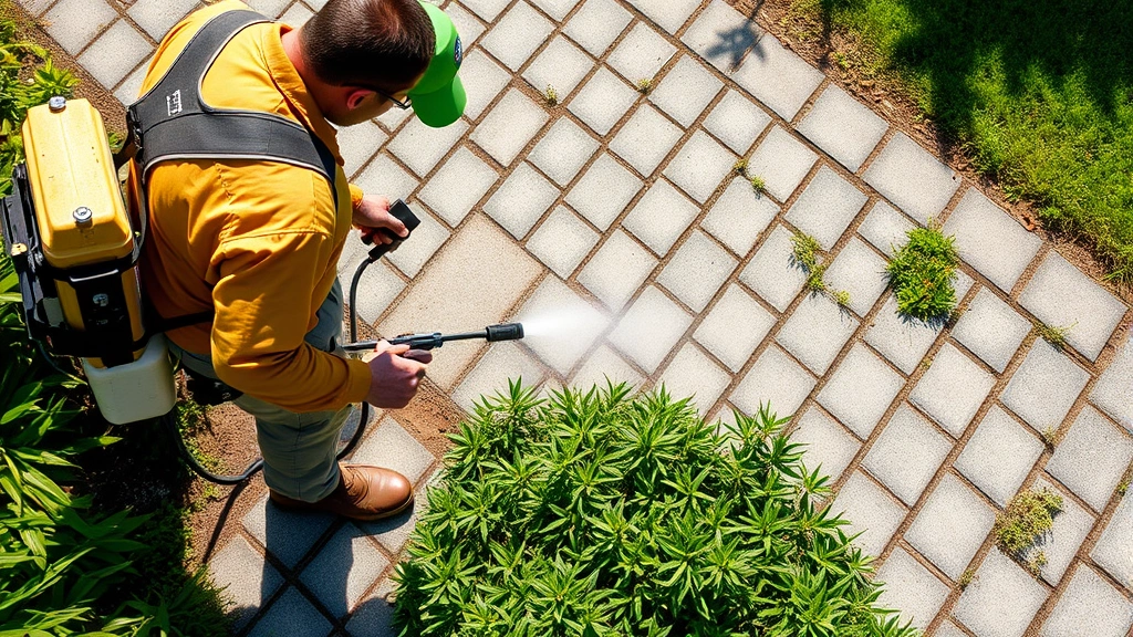 Overhead shot of landscaper applying concentrated herbicide spray to weeds in driveway cracks on sunny day, showing proper safety equipment and application technique