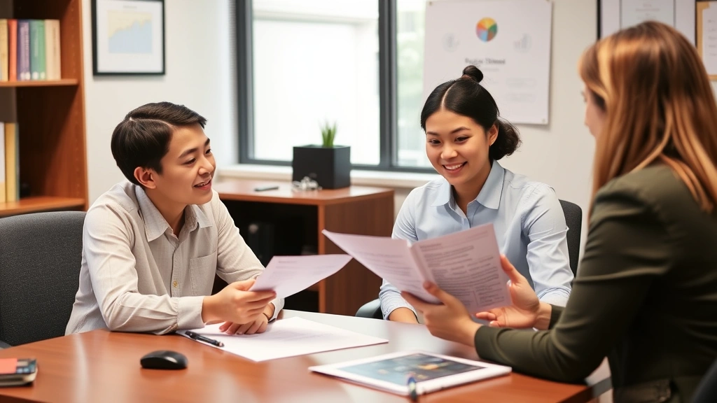 Guidance counselor meeting with teenage student reviewing graduation requirements document, sitting at desk with academic plan, professional office environment
