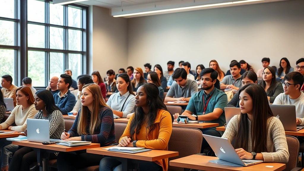 College campus classroom with diverse students attending lecture, notebooks and laptops visible, engaged learning atmosphere, natural lighting from windows
