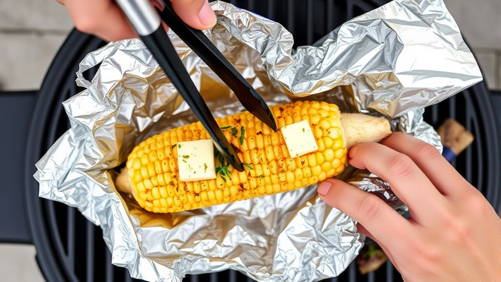 Overhead view of aluminum foil packet being carefully wrapped around seasoned corn ear with visible butter and fresh herbs, hands using tongs, outdoor grill surface visible in background