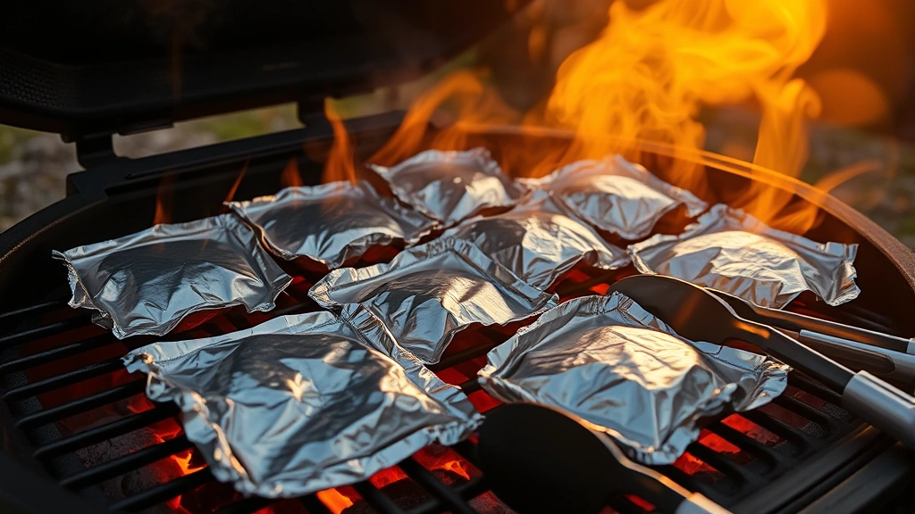 Glowing charcoal grill with multiple foil packets arranged on grates, steam wisping from slightly opened foil edges, tongs positioned nearby, warm golden-hour lighting at sunset