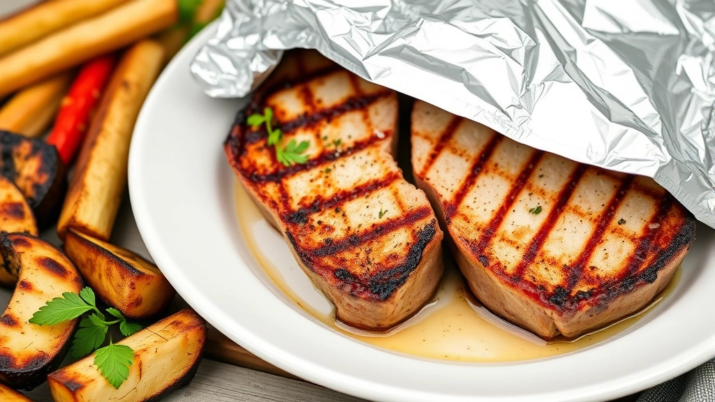 Perfectly grilled pork chops resting on a white plate tented with foil, showing pink-tinged interior with juices, paired with grilled vegetables and fresh herbs