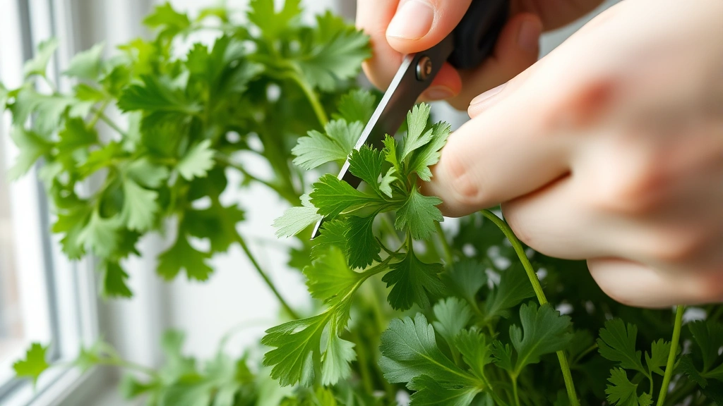 Close-up of hands harvesting fresh cilantro leaves from a lush indoor plant with scissors, multiple full green stems visible