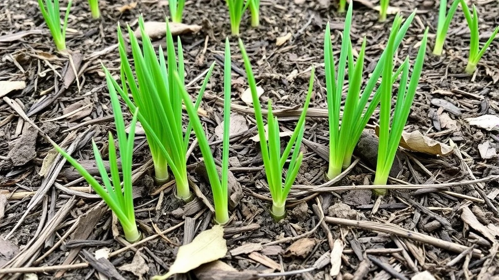 Garden bed with young garlic shoots emerging through brown mulch layer in early spring, showing vibrant green growth and proper spacing