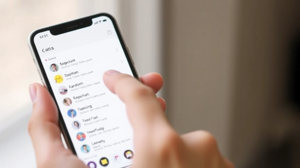 Person holding a smartphone with Snapchat open, showing the chat interface with multiple messages visible, finger hovering over a message to perform half-swipe technique