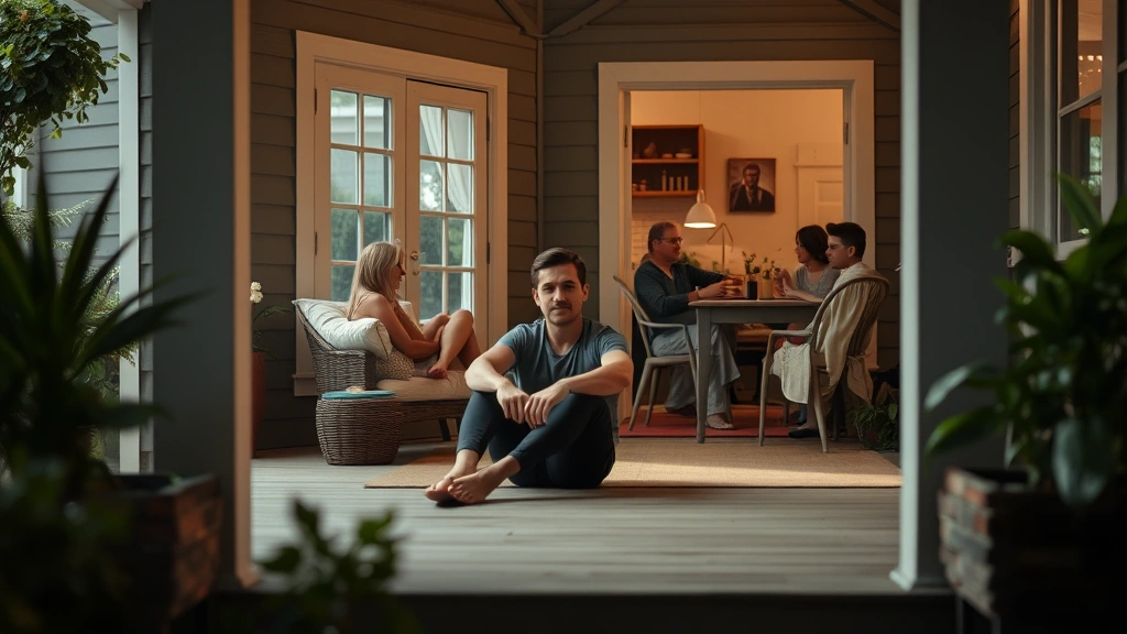 Person sitting peacefully on a porch or quiet space at a house party, appearing relaxed and unbothered, natural daylight coming through windows, comfortable home interior