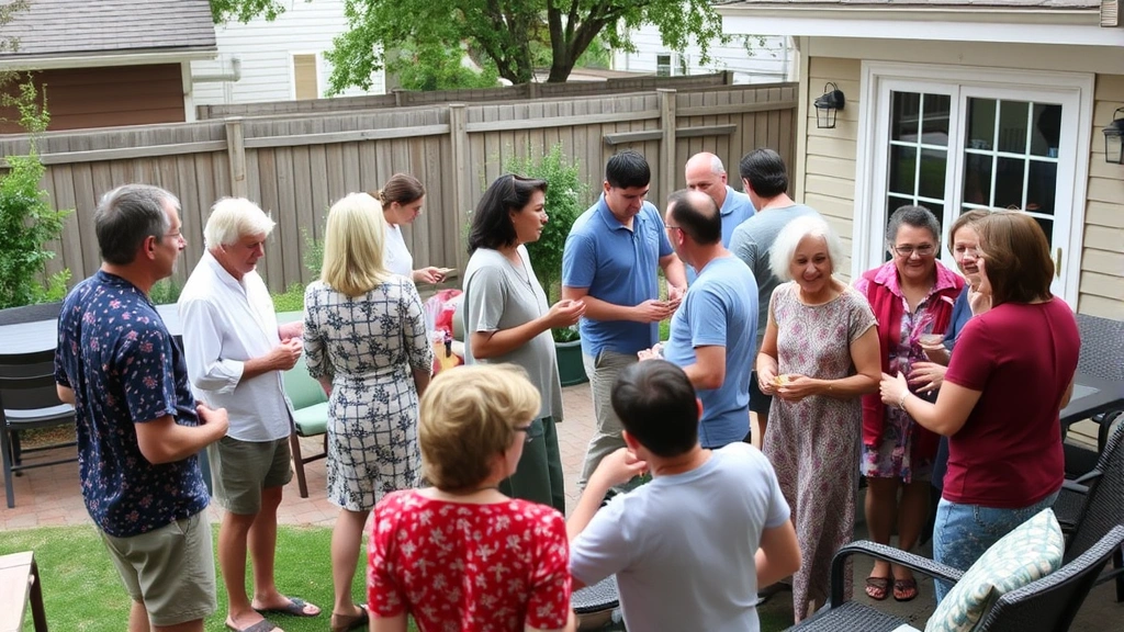 Family gathering at a backyard celebration with multiple generations present, people mingling in small groups, relaxed and positive atmosphere with food and outdoor furniture visible