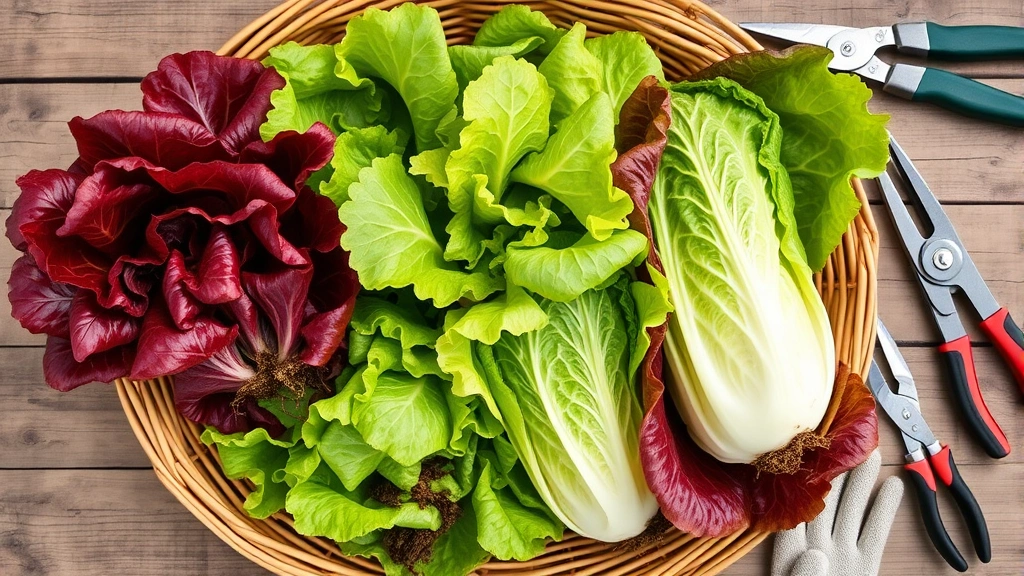 Overhead view of freshly harvested mixed lettuce varieties in a wicker basket, including red leaf, green leaf, and butterhead lettuce heads with soil still visible on roots, placed on wooden garden table with garden shears and gloves nearby