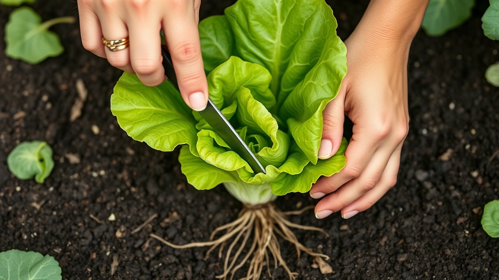 Gardener's hands demonstrating cut-and-come-again harvest method, cutting a mature loose-leaf lettuce plant 1-2 inches above soil level with a harvest knife, showing the crown and roots remaining in dark garden soil ready for regrowth