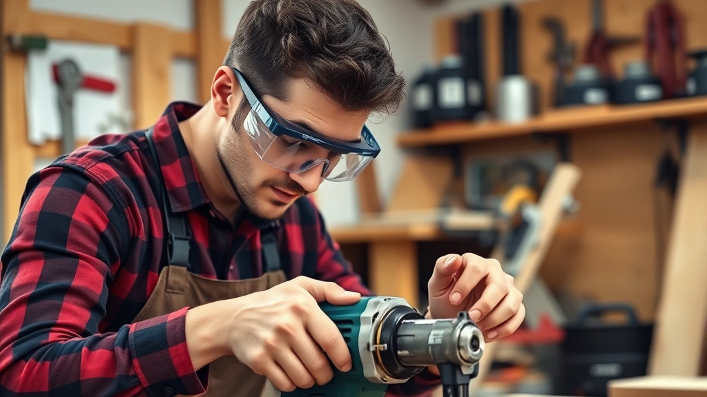 A person wearing protective safety goggles while working with power tools in a workshop, demonstrating proper eye protection equipment during DIY activities