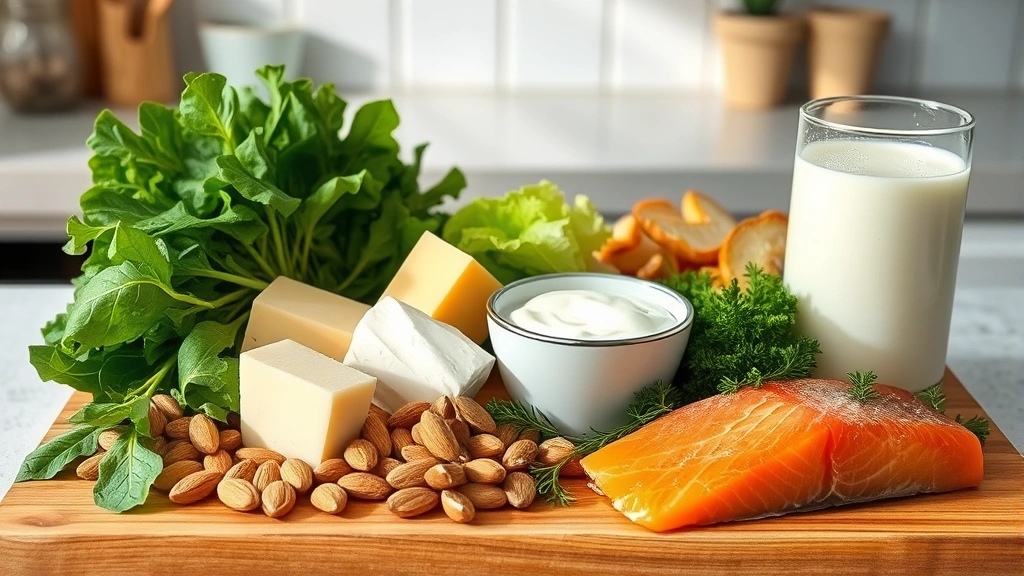 Assorted calcium-rich foods arranged on wooden board: almonds, leafy greens, cheese, yogurt, milk glass, and salmon fillet in bright natural kitchen light