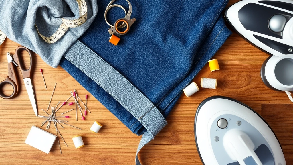 Flat lay of hemming supplies including measuring tape, fabric scissors, pins, needle, thread spools, chalk, and iron on wooden table with folded denim