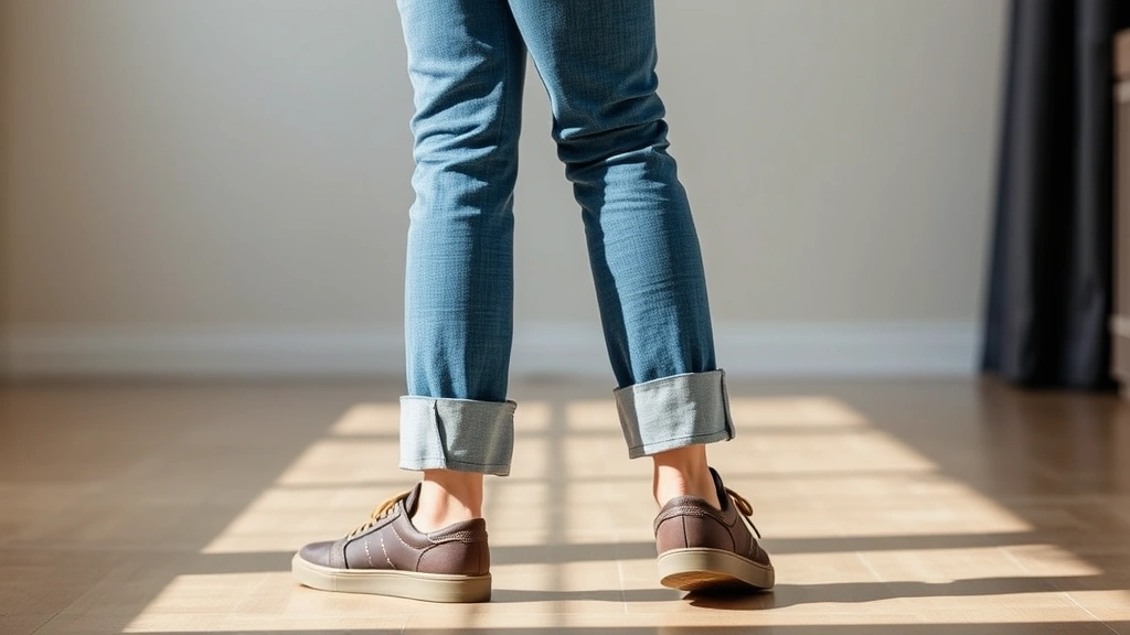 Person wearing hemmed jeans standing in profile showing proper hem length breaking slightly above heel, wearing casual shoes, natural indoor lighting