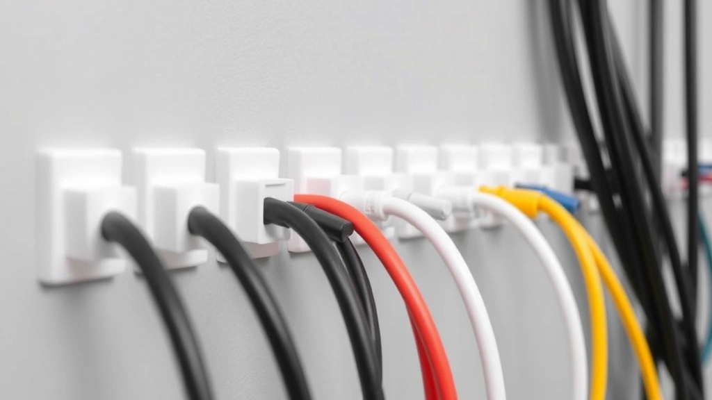 Close-up of white adhesive cable clips organizing multiple black and colored cords neatly along a light gray wall, showing proper spacing and organization
