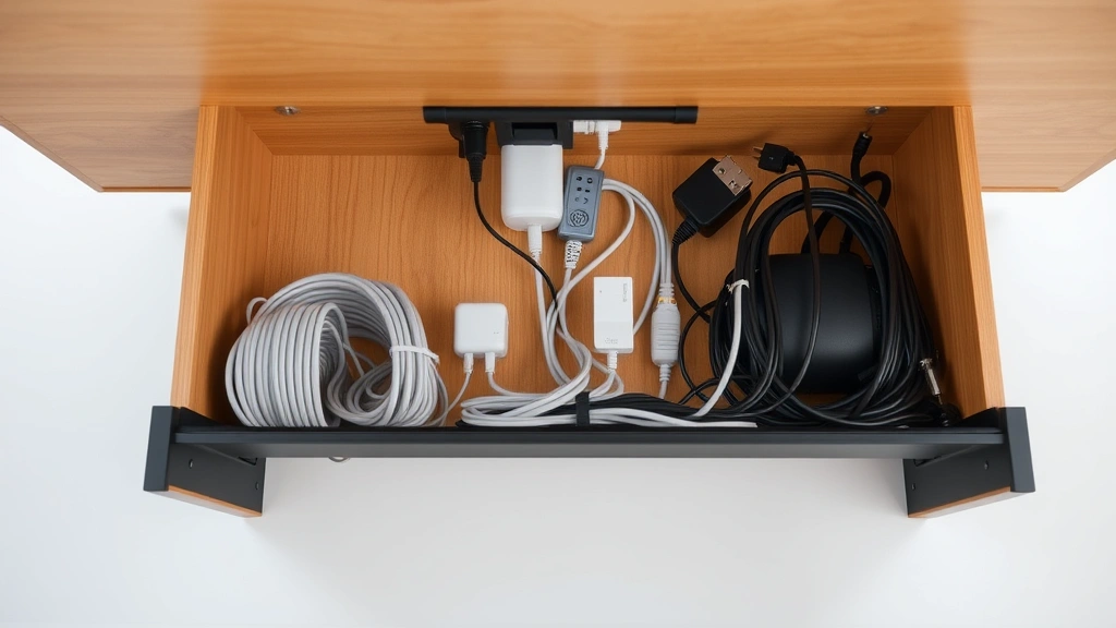 Under-desk cable tray mounted beneath a wooden desk holding bundled cables and power strips, viewed from below showing organized wire management system