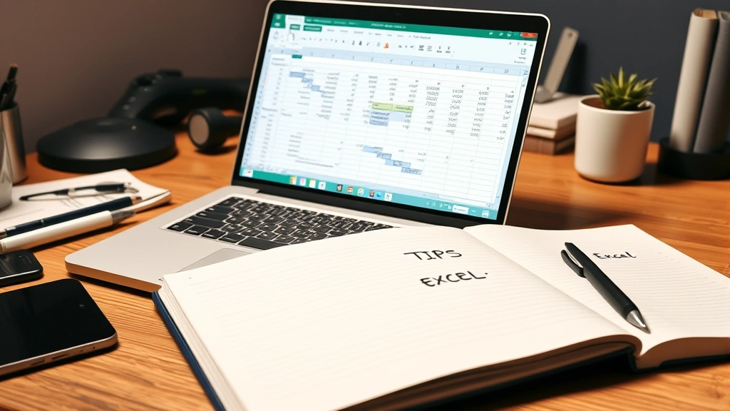 Wide shot of desk workspace with laptop showing Excel spreadsheet with some columns hidden (visible column letters jump from A to C to E), notebook with Excel tips written nearby
