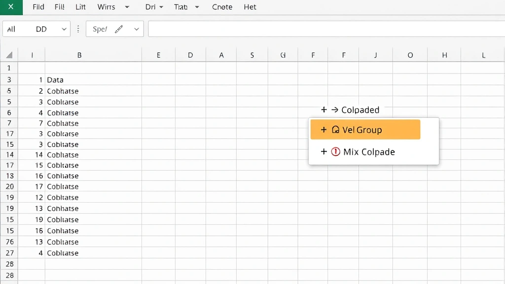 Detailed view of Excel spreadsheet showing Data menu open with Group and Outline options visible, plus and minus collapse/expand buttons visible on left side of grouped columns