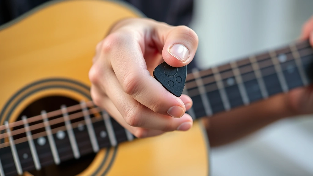 Close-up of guitarist's hand holding a plectrum between thumb and index finger in proper tripod position, showing correct angle against guitar strings, natural lighting with acoustic guitar visible