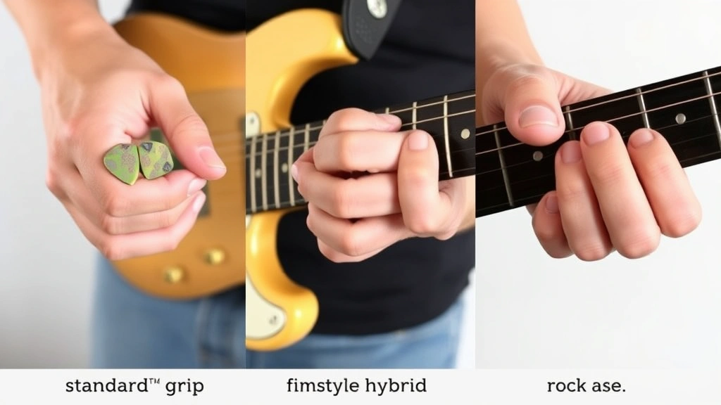 Comparison image showing three different plectrum grip variations side by side: standard grip, fingerstyle hybrid grip, and aggressive rock grip, all on same guitarist's hand for consistency