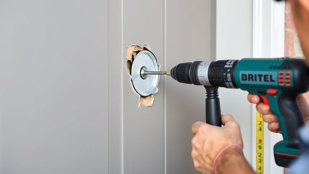 Homeowner drilling hole through exterior door frame for doorbell button installation, drill bit creating clean hole with protective covering visible, measuring tape on wall nearby