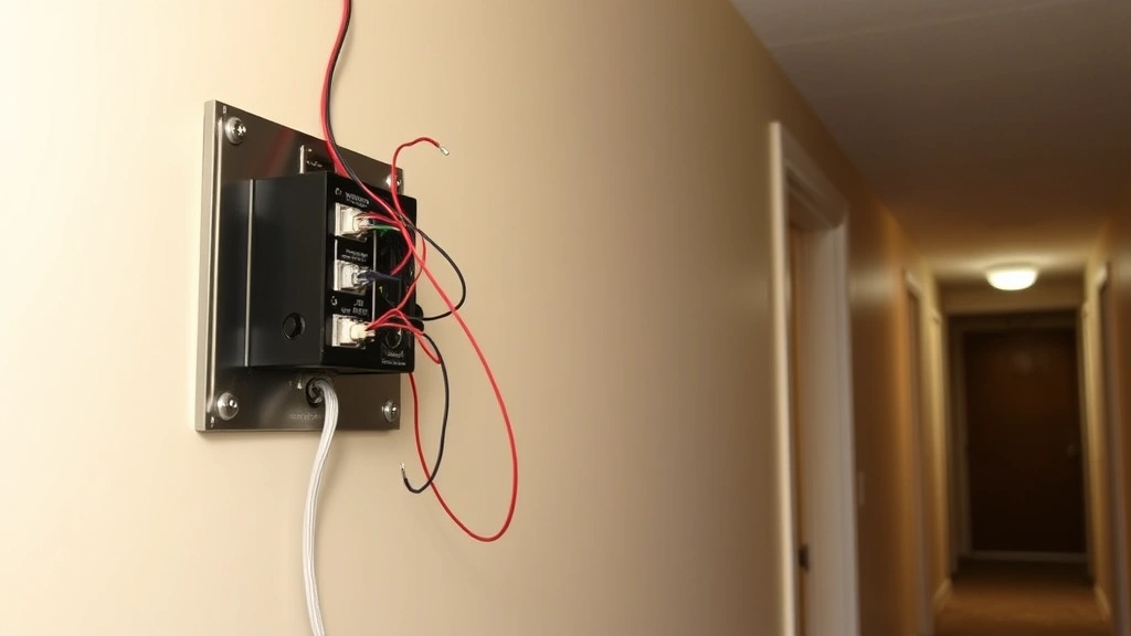 Interior wall showing mounted chime unit with wires connected to terminals, chime positioned at ear level in hallway, clean wire routing with clips securing wires to wall