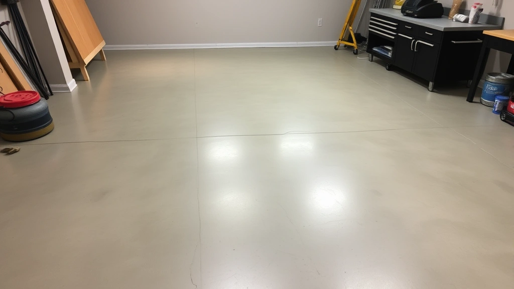 Wide shot of completed concrete floor after pillow humping treatment showing uniform smooth surface finish, professional appearance with consistent color and texture, residential basement or workshop setting