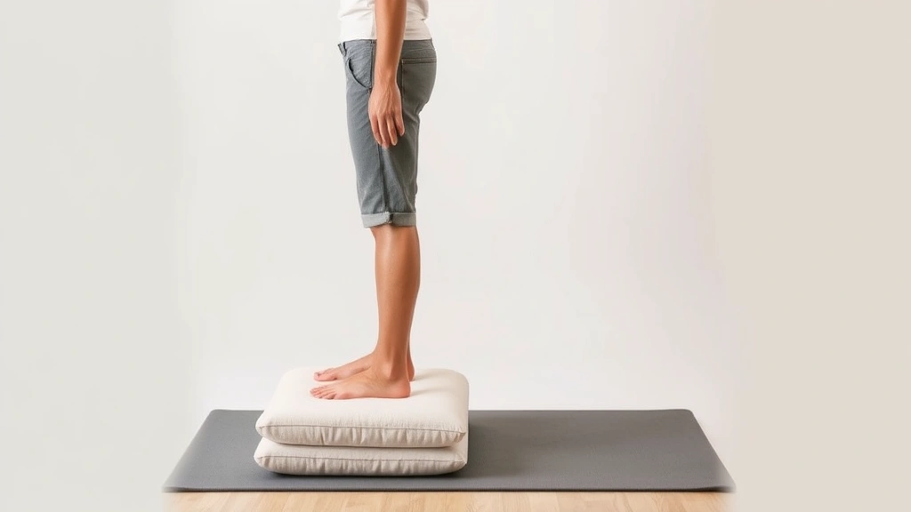Side profile of person standing on compressed pillows with proper posture, feet positioned shoulder-width apart, demonstrating correct body mechanics during pressure application, neutral spine alignment