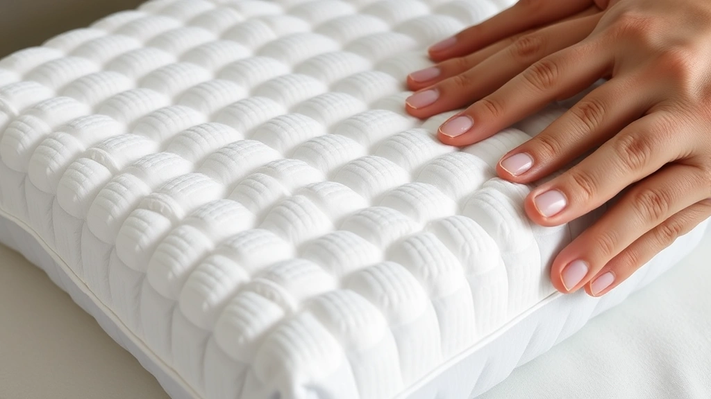 Close-up detail of compressed pillow surface showing uniform compression texture and firmness, hands positioned to inspect compression quality, showing material stability and support structure