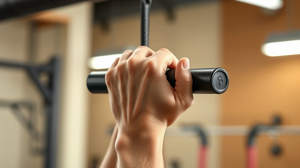 Detailed view of someone's hands gripping a thick pull-up bar during a dead hang exercise, showing finger and palm engagement, well-lit fitness environment with focus on hand positioning