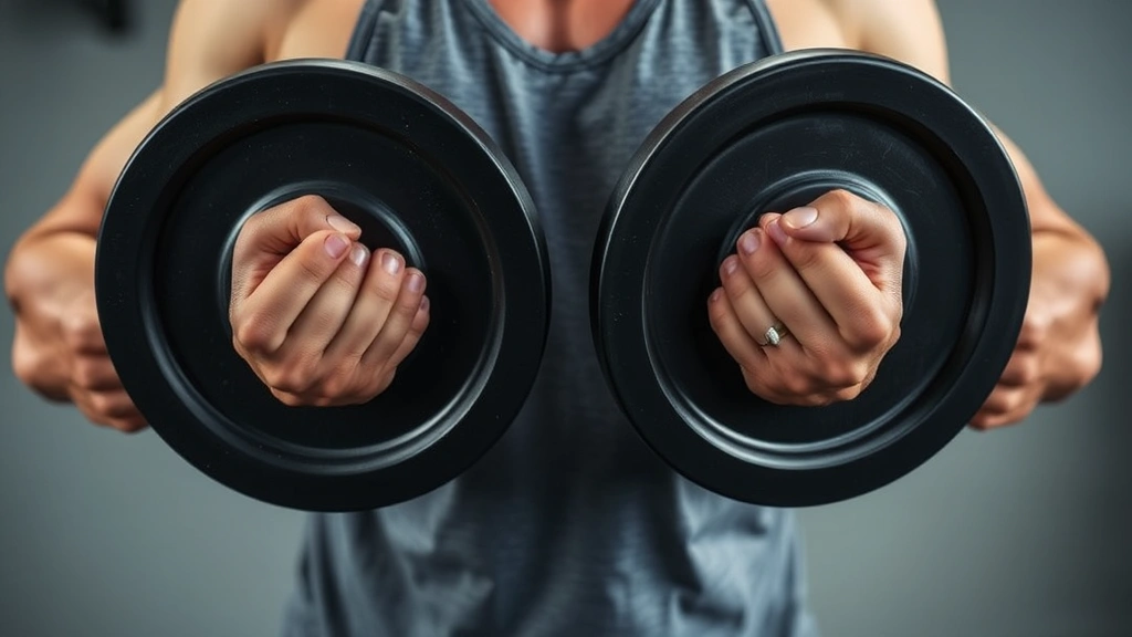 Action shot of a person performing a plate pinch exercise, holding two weight plates with smooth sides facing outward using only thumb and fingers, showing controlled grip technique and forearm muscles