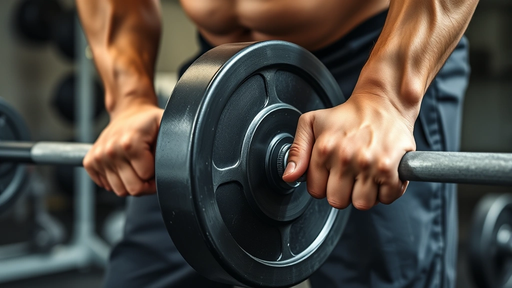 Hands gripping a thick-diameter barbell during a deadlift exercise, demonstrating proper grip technique with visible forearm engagement and strain