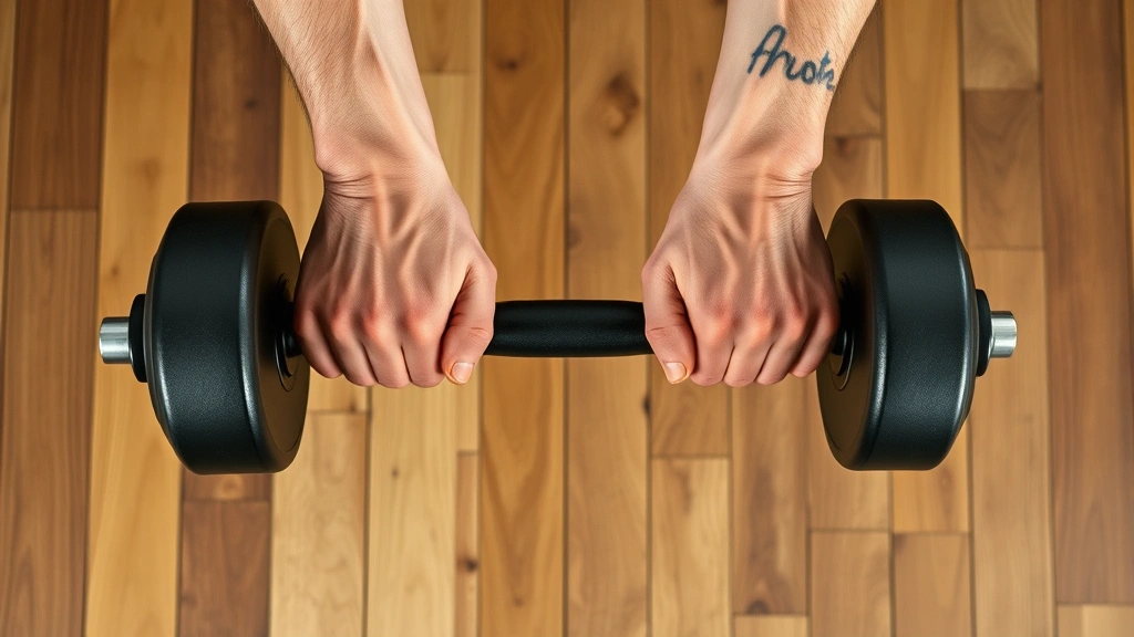 Overhead view of hands performing a farmer's carry with heavy dumbbells on a wooden gym floor, showing grip and hand positioning during the movement