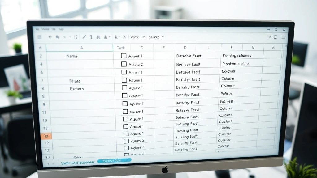 Close-up overhead shot of a computer monitor displaying Microsoft Excel spreadsheet with multiple checkboxes in a vertical list, some checked and some unchecked, with task names in adjacent cells, professional office workspace background, natural daylight