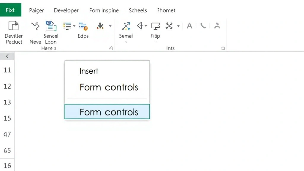 Detailed view of Excel ribbon menu showing the Developer tab highlighted and expanded, revealing the Insert dropdown with Form Controls checkbox option visible and ready to select, clean white interface