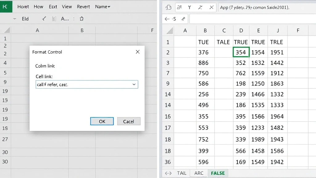 Split-screen comparison showing Excel Format Control dialog box open on left side with Cell link field visible and filled with cell reference, spreadsheet on right side showing checkbox linked to column C with TRUE/FALSE values displaying in cells