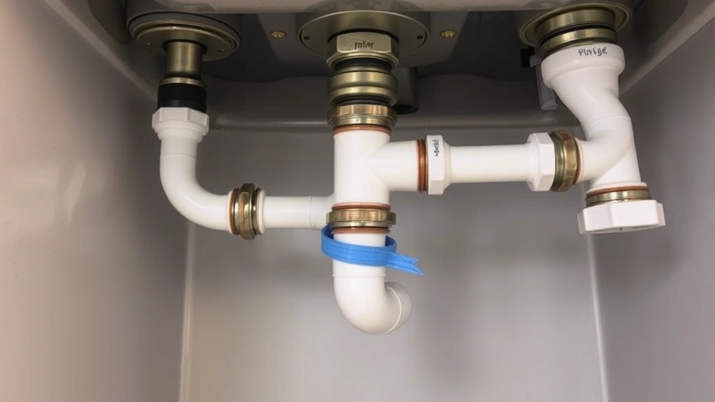 Under-sink plumbing setup showing connected discharge tube, drain pipes with slip-nut fittings, and Teflon tape wrapped around threaded connections