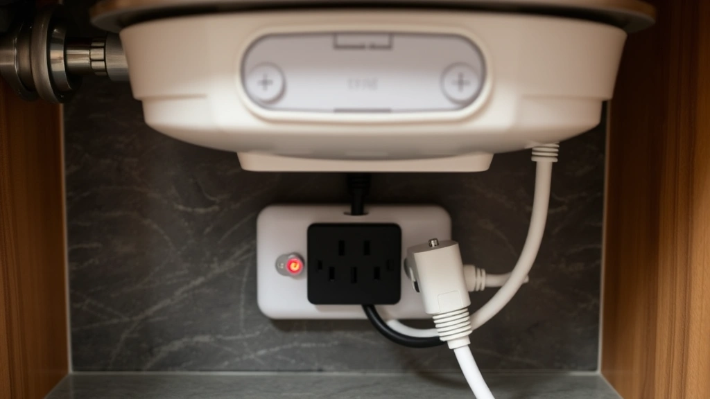 Close-up of electrical outlet with GFCI protection buttons under kitchen sink with garbage disposal power cord ready for connection