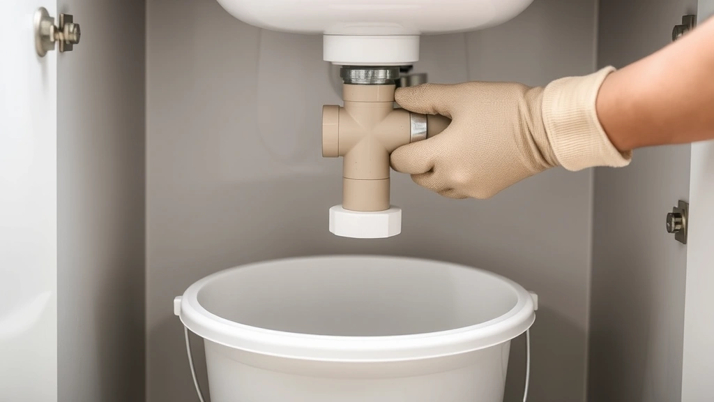 Person in work gloves connecting discharge elbow to P-trap pipe under sink with coupling nut, bucket positioned below for water catch